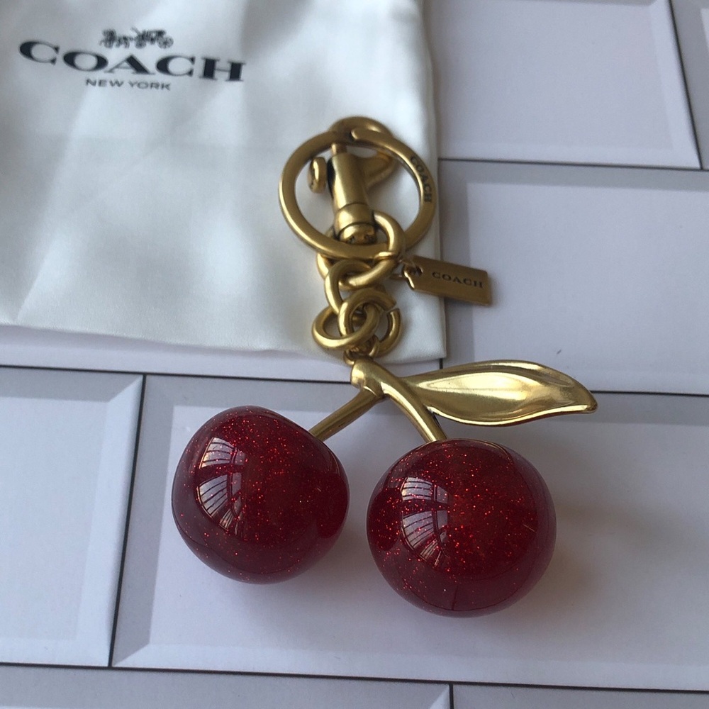 Coach Gold-Tone Cherry Keychain with Red Glitter Cherries